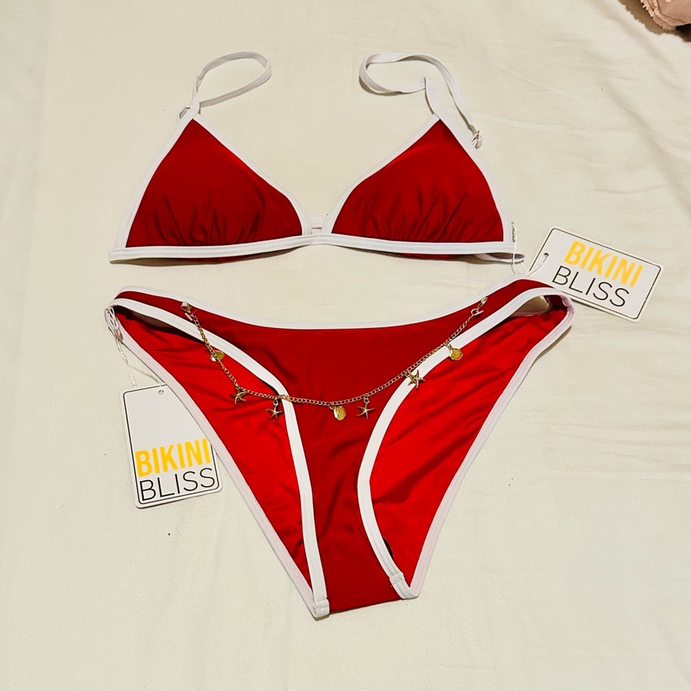 Red and White Bikini Set with Gold Accents